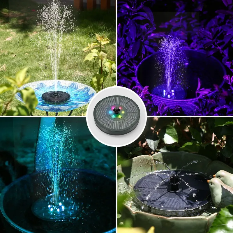 3W Solar Water Fountain with Colorfuls Light and 7 Different Nozzles, Ideal Outdoor Water Feature Decoration for Garden Pond Etc