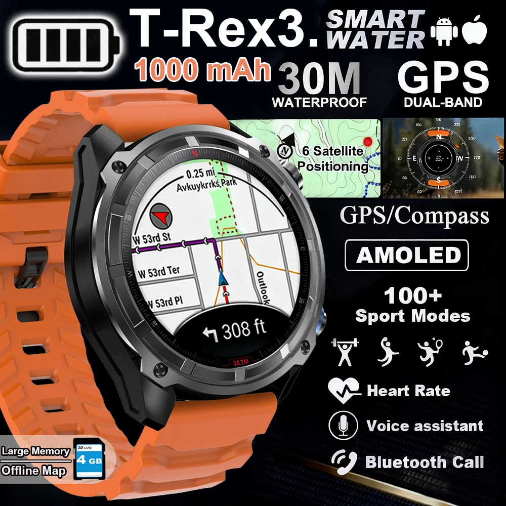 

New Offline Maps Smartwatch GPS 4GB Memory Video Player Military Sports Smart bracelet Men 5ATM Waterproof Sapphire Smart Watch