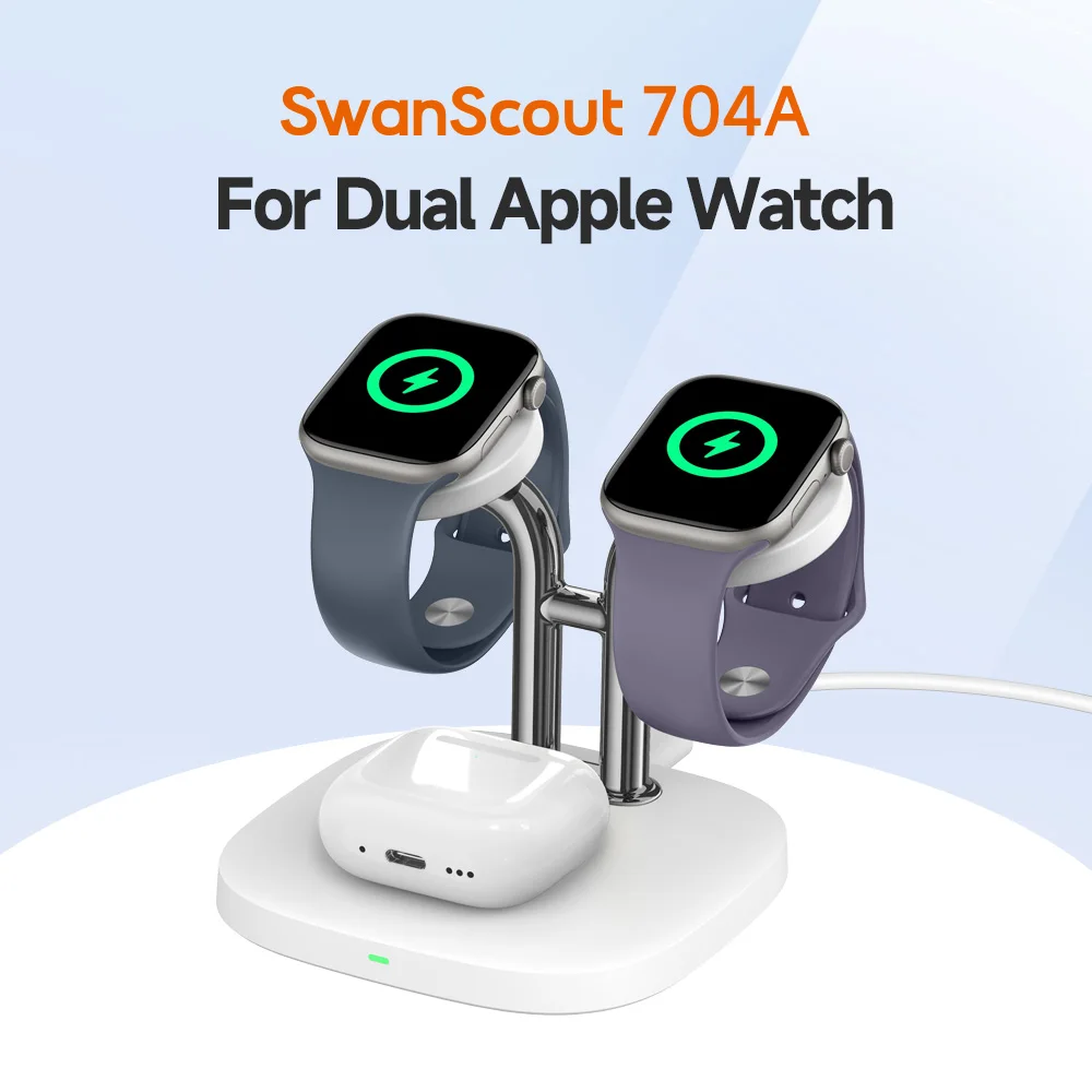 SwanScout 704A Dual Watch Charger Stand for Apple Watch Ultra 3 SE 2 11 10 9 8 7 6 Wireless Charging Dock for AirPods 4 Pro 3 2 - náhled 2