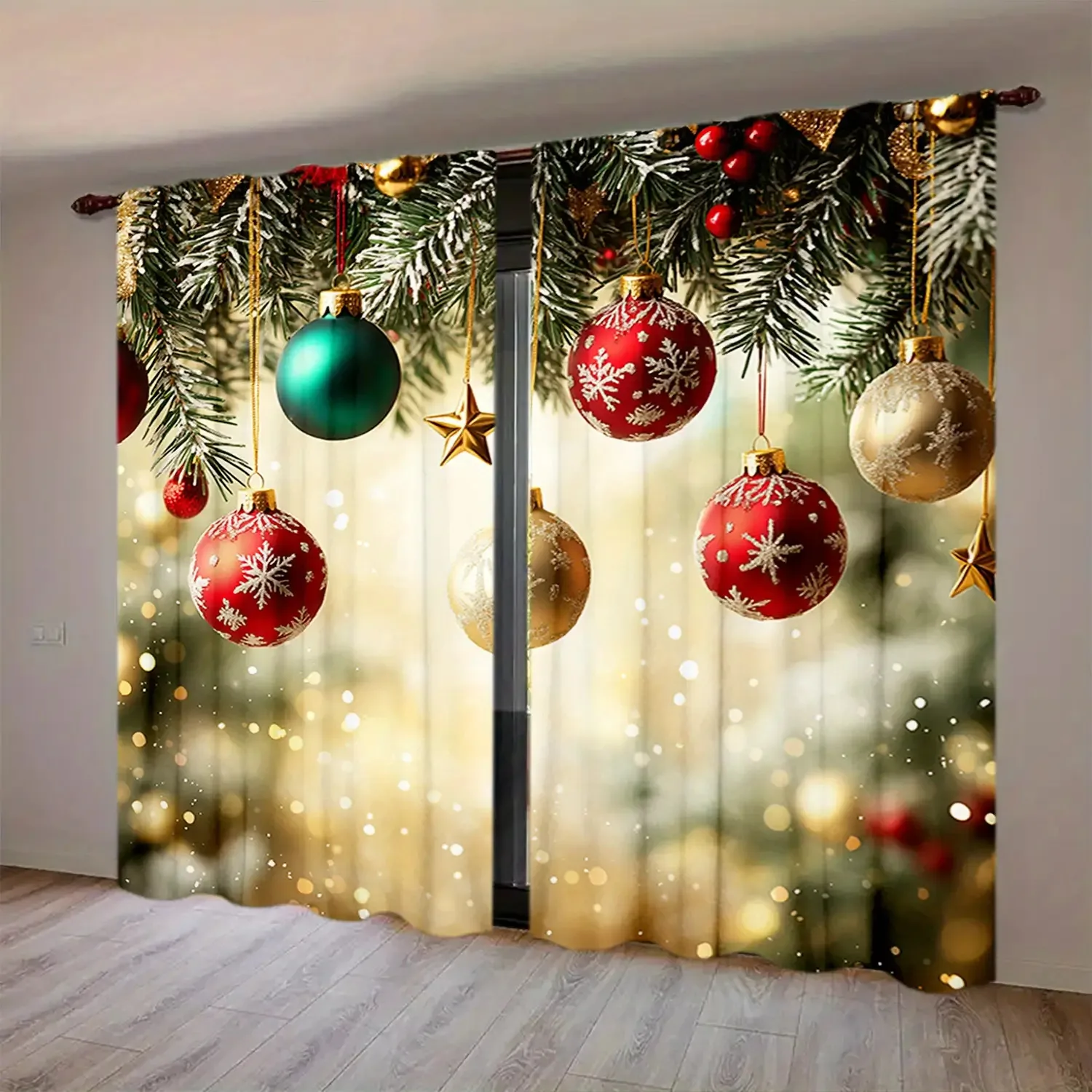2PC Red & Gold Christmas Sheer Curtains – Snowflakes & Berries Print for Bedroom, Living Room, Kitchen, Office – Holiday Decor