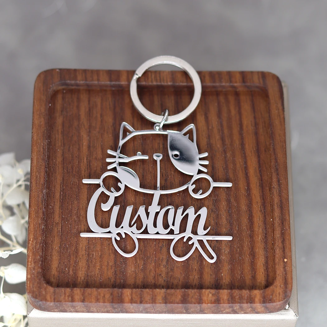 

Stainless Steel Personalized Custom Name Keychain For Men Keyring Customized Cat Pendant Key Ring Jewelry Birthday Gift