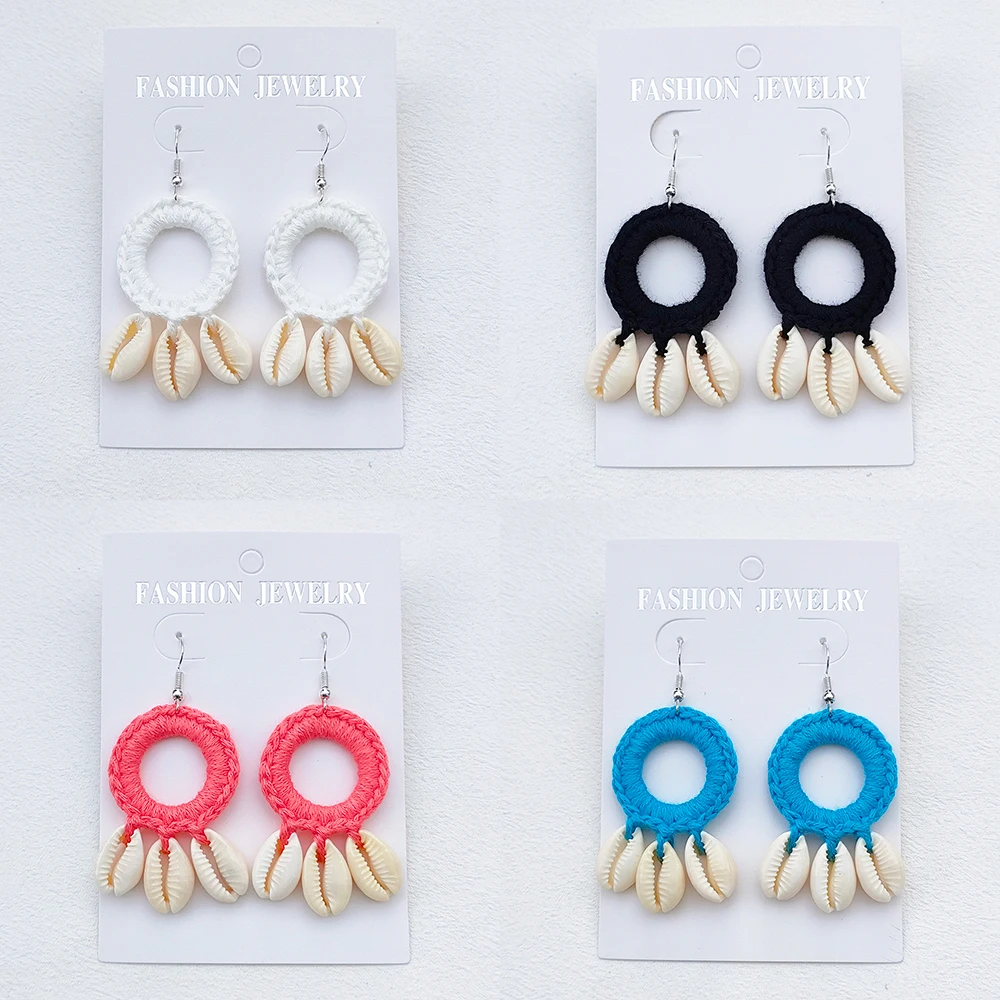 Original New Fashion Boho Beach Shell Crochet Earrings Large Circle Shell Tassel Dangle Drop Earring For Women