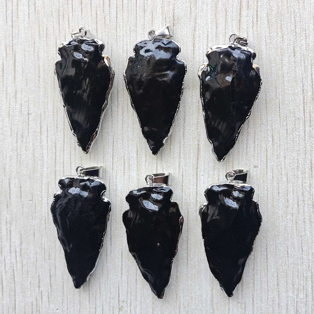 Fashion Natural Black Obsidian Stone Arrow Silver-Plate Side Pendants for Jewelry Marking Free Shipping Wholesale 6pcs/lot