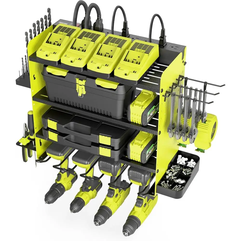 

4-уровневый металлический настенный органайзер для электроинструментов с зарядной станцией и 8 выходами, полка для хранения инструментов для сверл