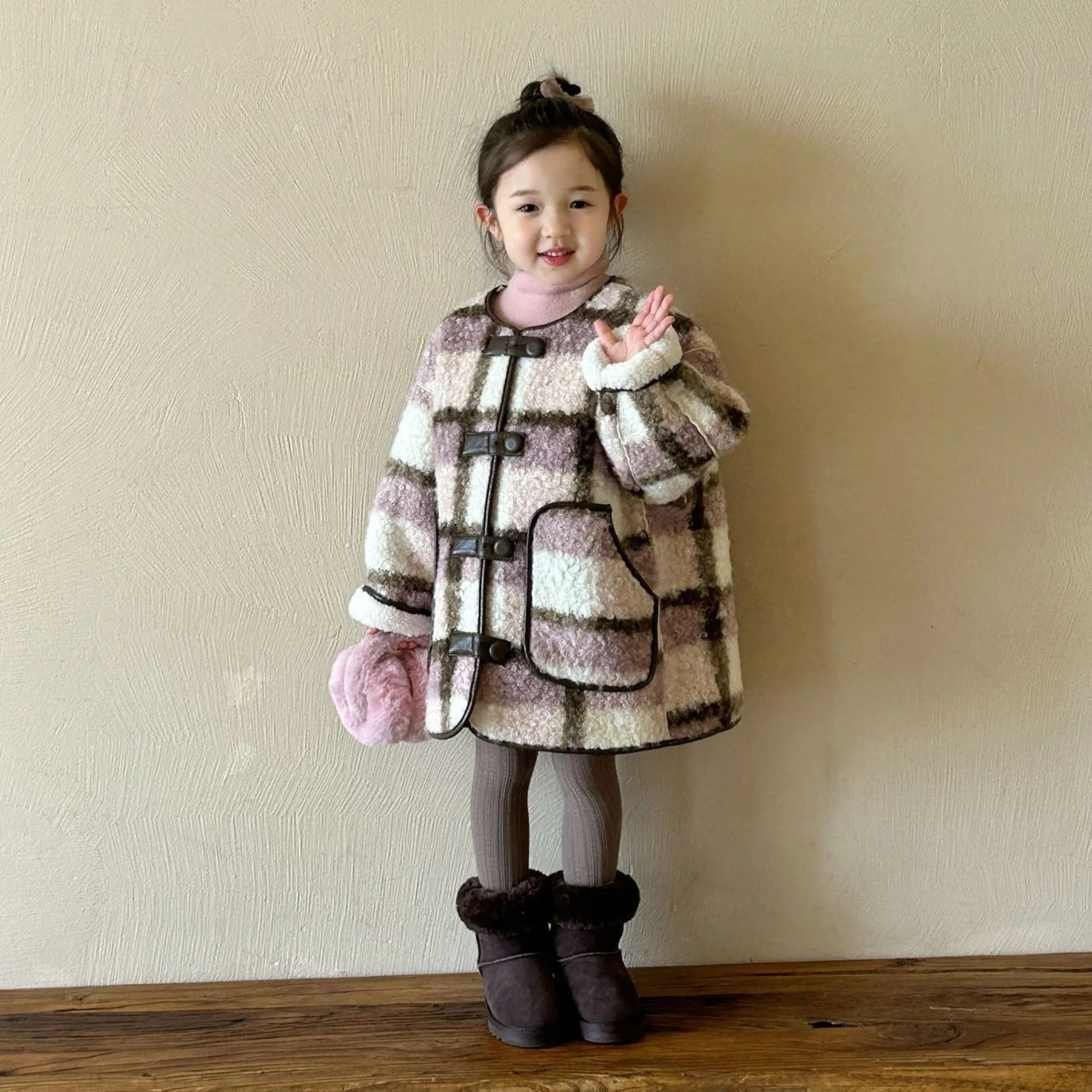 Girls Coat 2024 Winter New Childrens Clothes Korean Style Baby Girls Fashion Cotton Circle Plaid Coat Casual Simple Daily