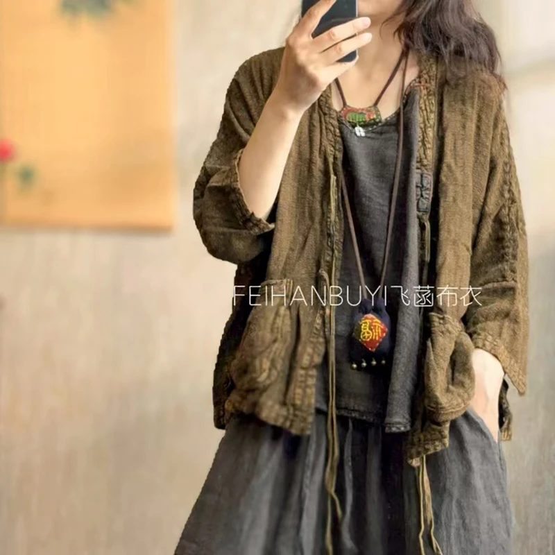 Printemps automne nouveau Style artistique femmes laçage conception point ouvert manteaux courts Vintage coton lin décontracté vestes amples de haute qualité
