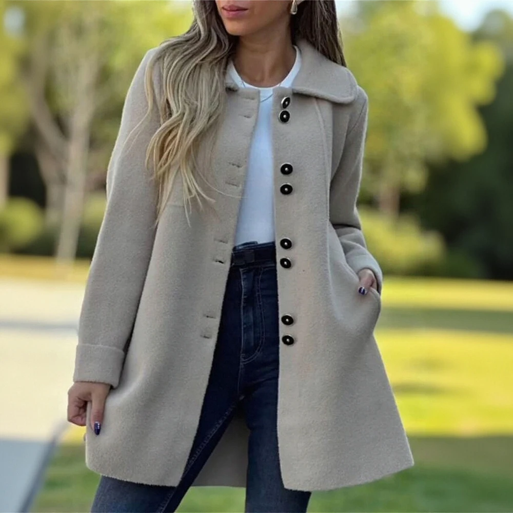

2025 Autumn Women's Elegant Coats Solid Color Long Sleeve Lapel Single Breasted Pockets Comfortable Coats