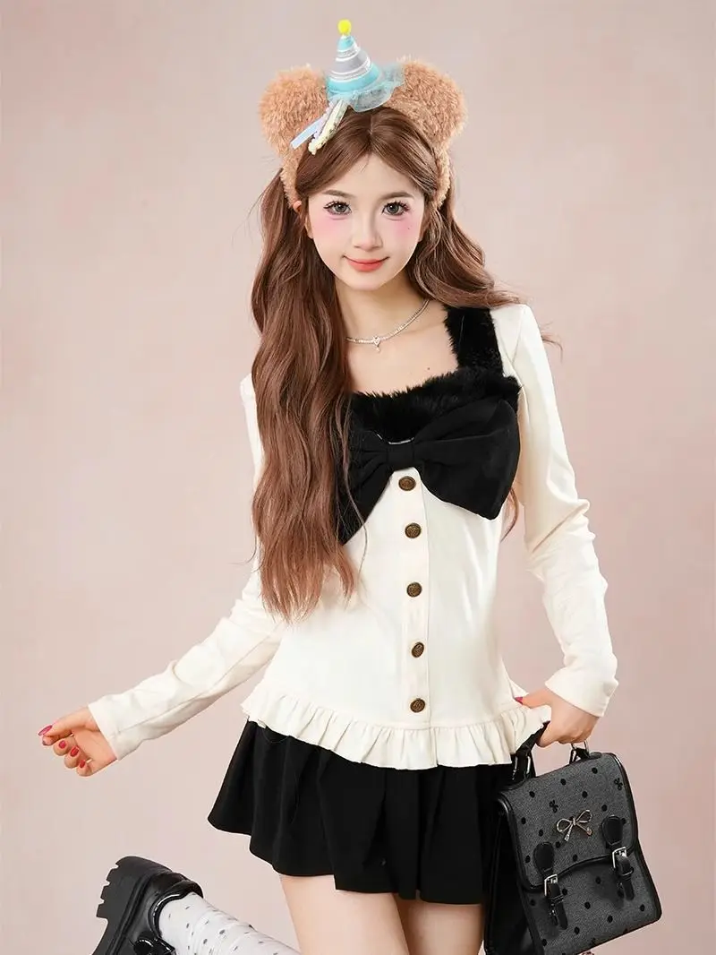 

Японский костюм Y2k Harajuku с бантом, мини-юбка, осень-зима, сказочная кавайная одежда, вечерние женские милые облегающие комплекты из двух предметов, новый