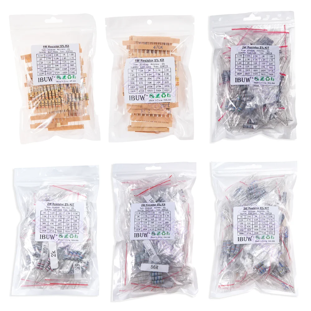 150PCS 300PCS Resistor Kit 1W 2W 3W 5W 5% 30Kinds X 10PCS Carbon Film Resistance 0.1-750 ohm Set 1k-820K 30Kinds X 5PCS