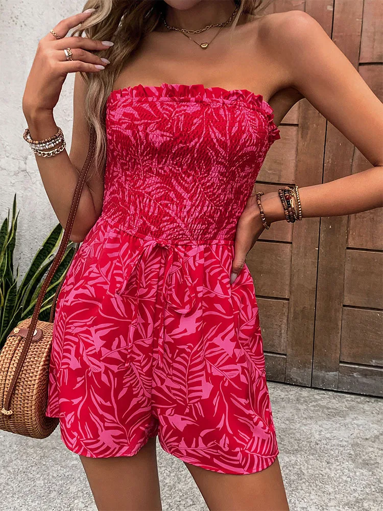 Sexy Off Shoulder Women's Jumpsuits Floral Print Jumpsuit High Waist Lace-up Shorts Women Vacation Beach Rompers Summer Playsuit