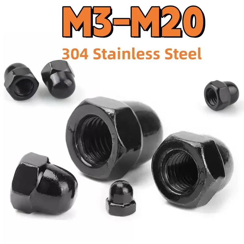 Hex Cap Nuts M3 M4 M5 M6 M8 M10 M12 M14 M16 M18 M20 Black 304 Stainless Steel Dome Cap Acorn Nut Metric Blind Nut for Decorative