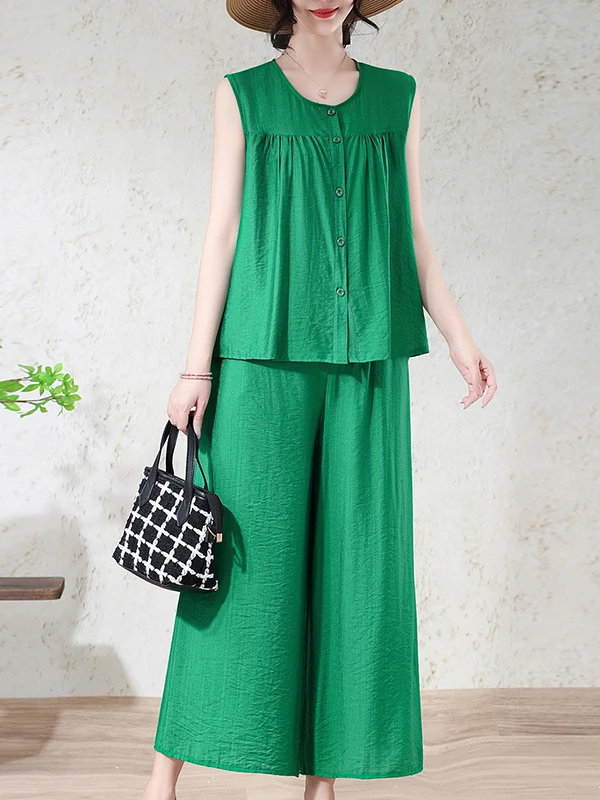 Summer Green Sleeveless Vest Shorts Two-Piece Set Women's Loose Slimming Fashionable Ensemble Age-Defying Mommy Clothes