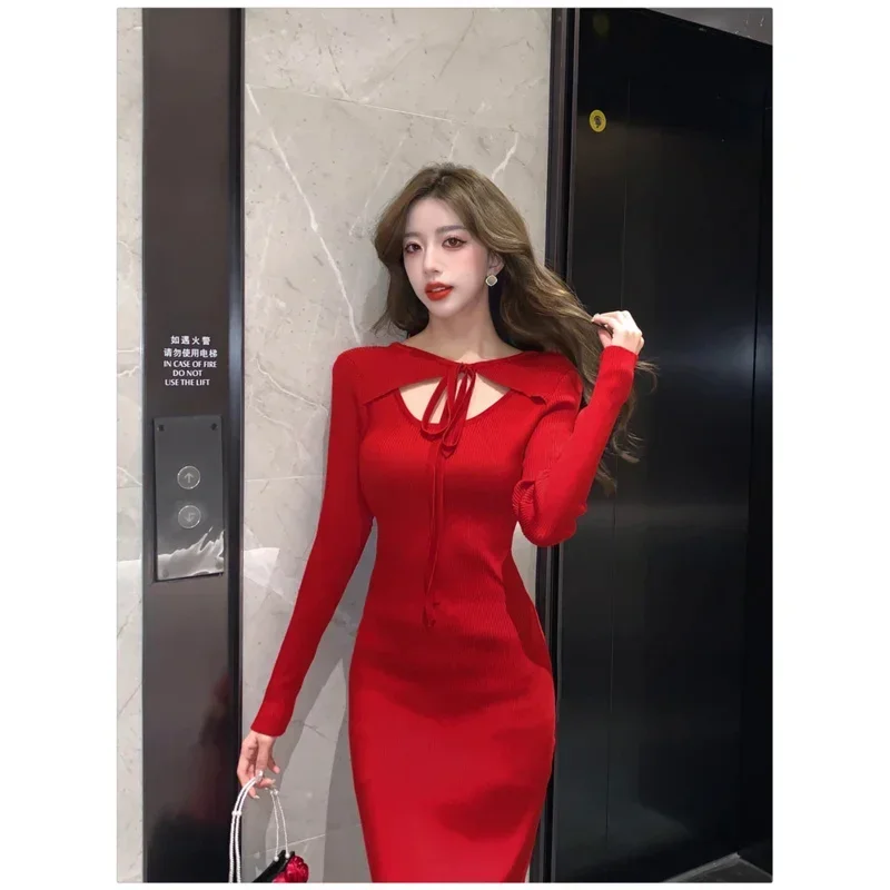 

NMZM Sexy Knitted Dress 2023 Autumn/Winter New Design Sense A-line Midi Slim Fit Dress Women's Inner Dress