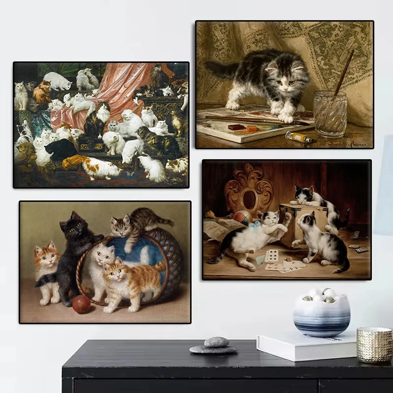 Victorian Cat Family Poster Whimsical Vintage Rustic Cute Animal Kitten Portrait Canvas Painting Wall Art Living Room Home Decor