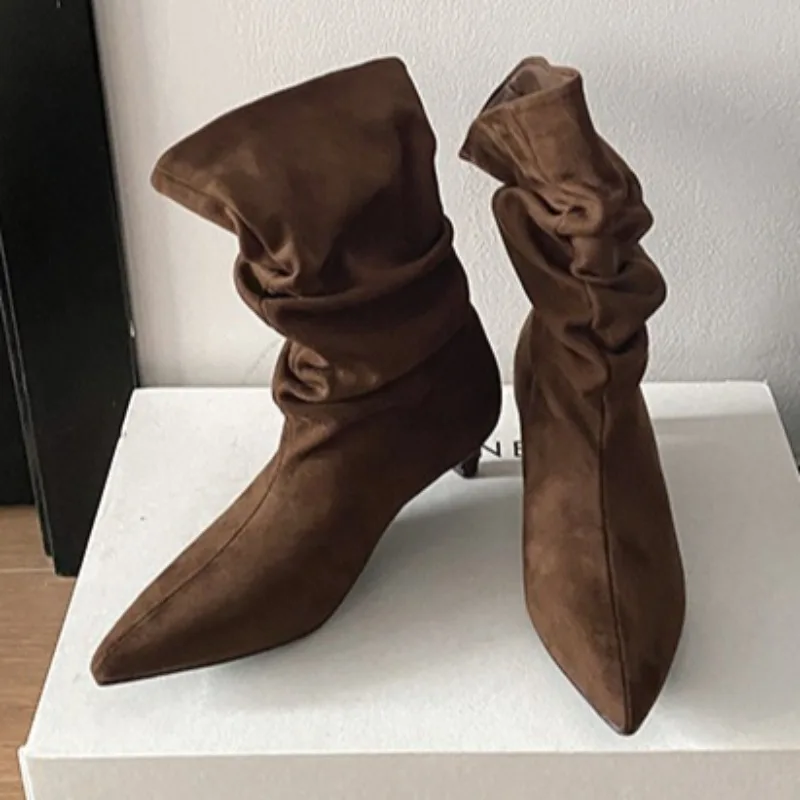 

Pointed Toe Mid Heels Women Ankle Boots Fashion Suede New Shoes 2025 Designer Classical Chelsea Short Boots Winter Pumps Zapatos