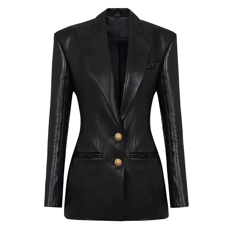 Women Long Sleeve Turn-Down Collar Coat Leather Outside Coat