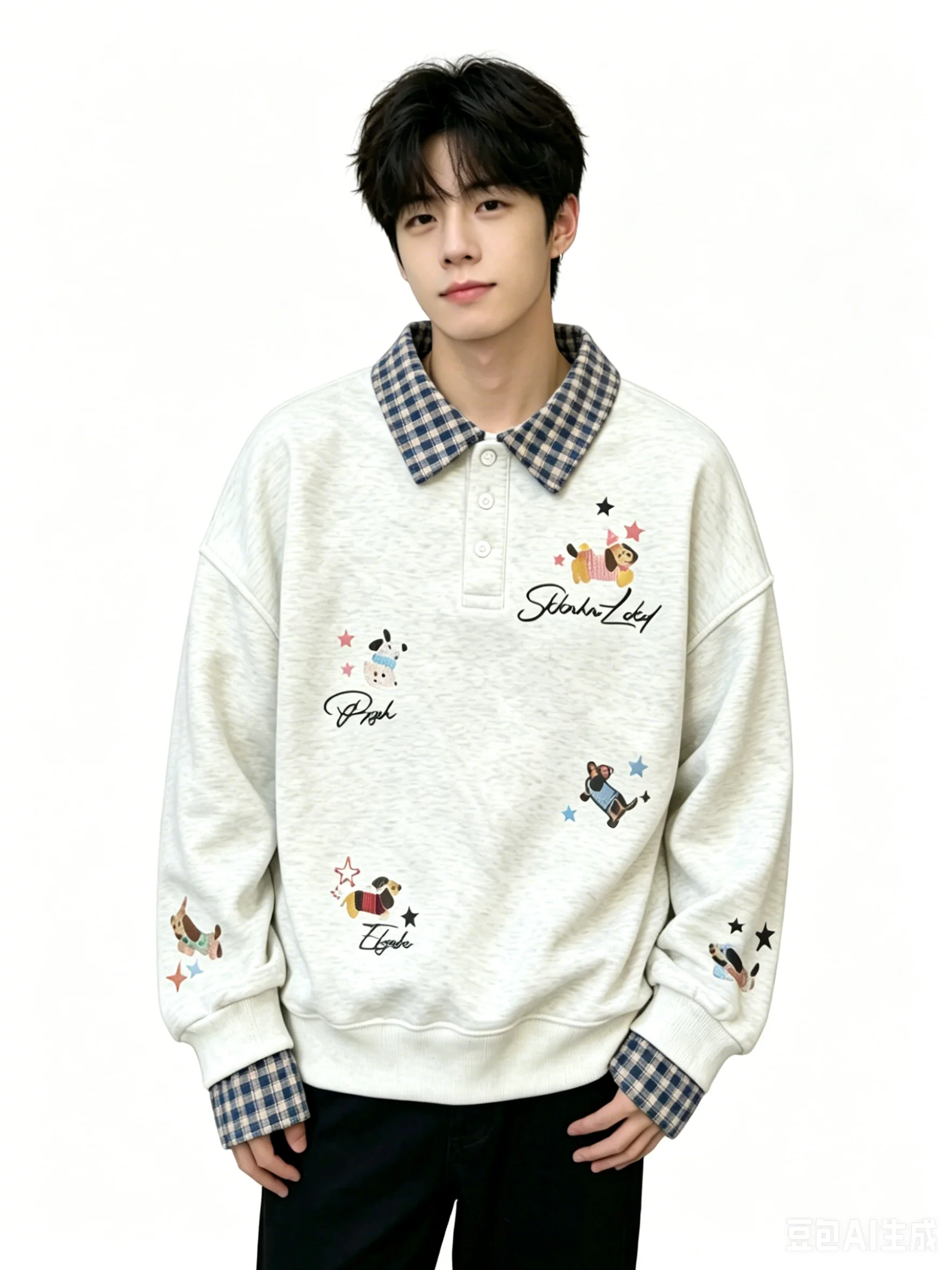 Campus Preppy Y2K Fake Layer Polo Sweatshirt Plaid Collar Puppy Dog Printing Pattern Loose Casual Pullover Kawaii Hip Hop Casual