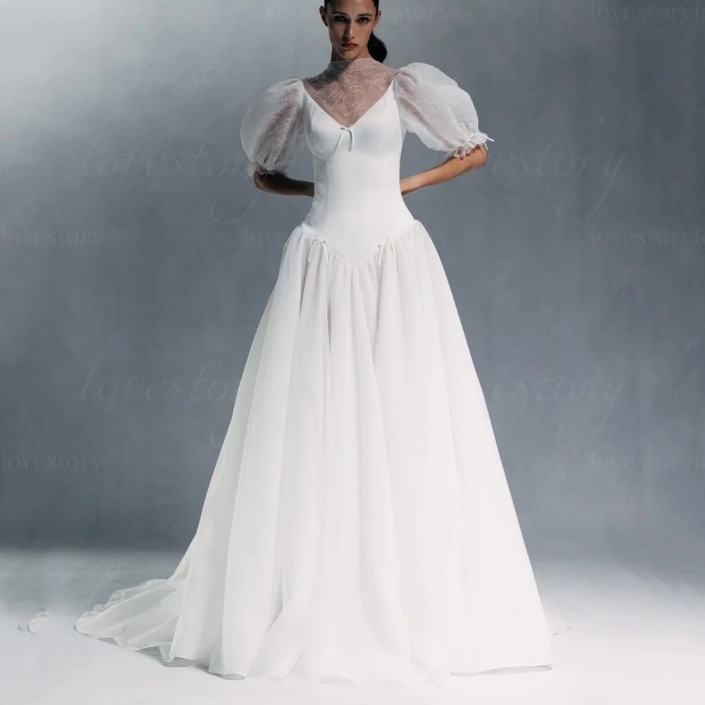 V Neck A Line Customized Wedding Dresses Tulle Puffy Sleeve Bridal Gowns Classic Bride Robes Vintage vestido de novia