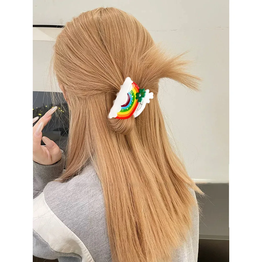 Cloud rainbow grab clip with diamond half tie hair grab cute sweet ponytail clip small shark clip hair jewelry female
