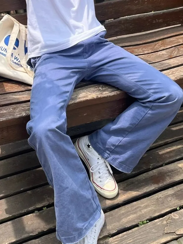 Blue Flared Casual Jeans Men's Leg Lengthening French Work Loose Fit American High Street Style mid Waist Zipper Closure