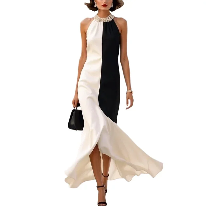 Lemongor Women Elegant Party Prom Maxi Dresses Summer Sleeveless Fashion Black White Contrast Color Urban A-line Dress 2024 New