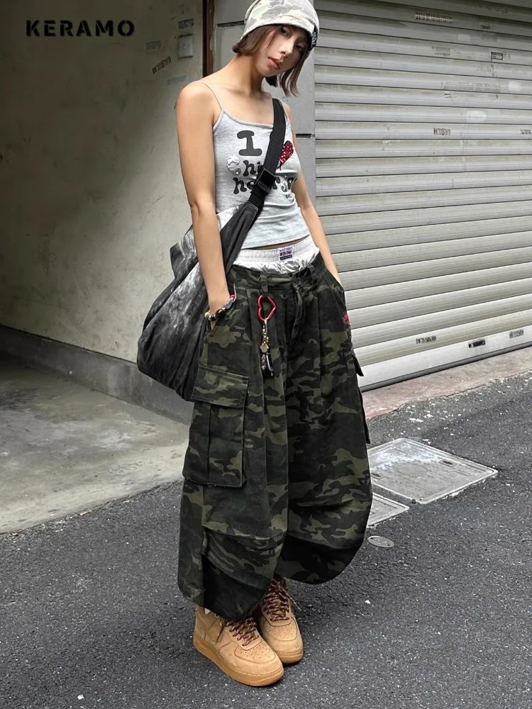 Women'sVintage High Waist Straight Jeans Casual Baggy Y2K Wide Leg 2000s Pants American Grunge Camouflage Washed Denim Trouser