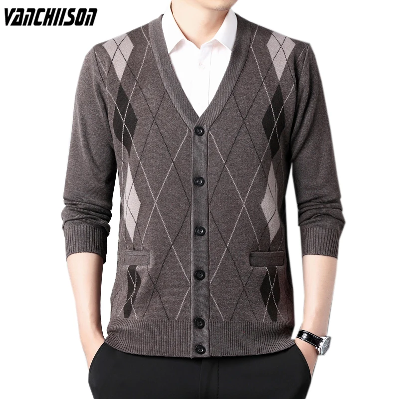 

Men Sweater Cardigan Buttons Down Argyle Pattern Retro Vintage Knit Sweater for Autumn Winter V Neck Male Casual Clothing 00427