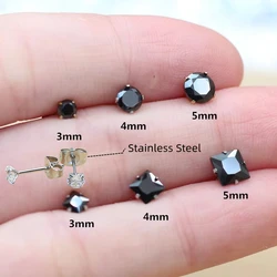 3 4 5m Black Zircon Round And Square Brief Stud Earrings 316L Stainless Steel IP Planting No Fade Anti Allergy