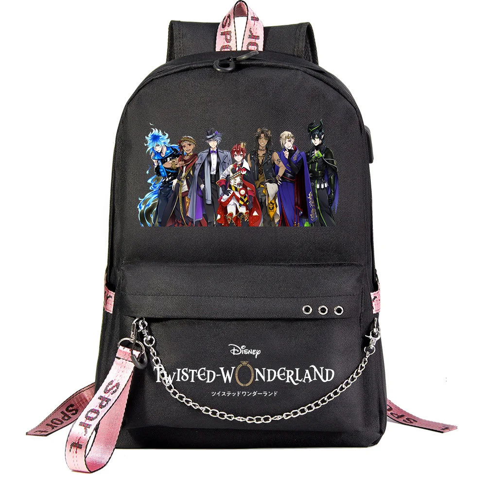 Disney Twisted-Wonderland tas sekolah pelajar, tas ransel Laptop kasual bepergian dengan USB isi ulang untuk pria dan wanita