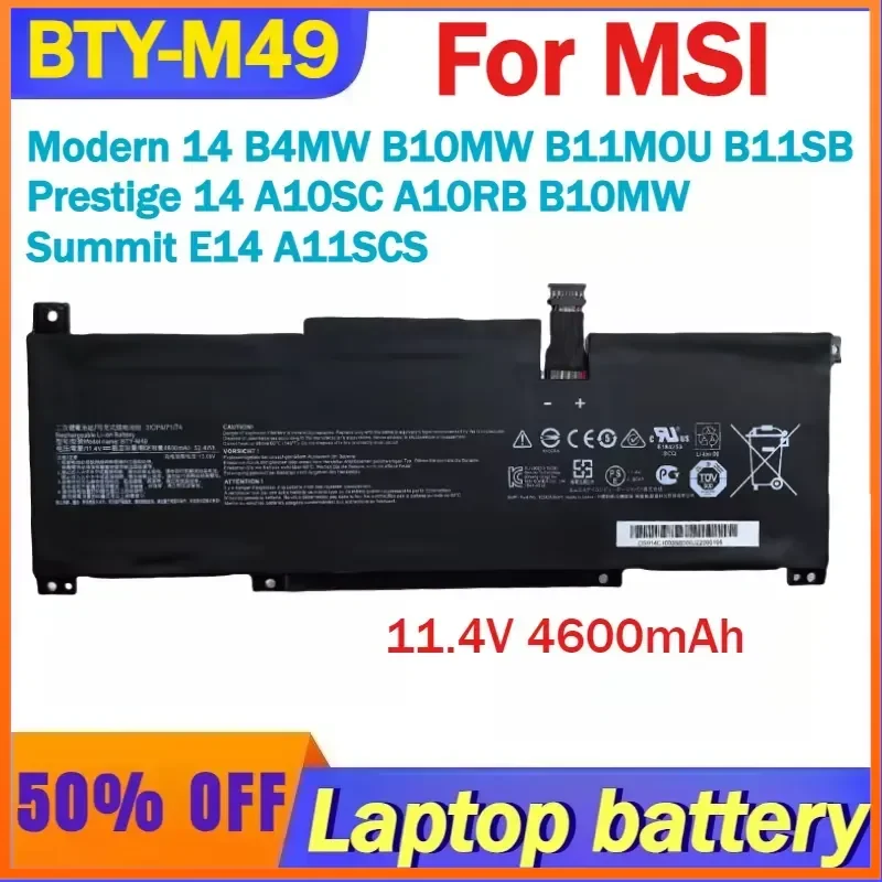 

11.4V 4600mAh BTY-M49 Laptop Battery For MSI Prestige 14 A10SC A10RB B10MW/Summit E14 A11SCS/Modern 14 B4MW B10MW B11MOU