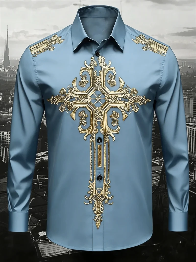 

New men's gold printed shirt, soft fabric, comfortable, luxurious, high-quality, long sleeved button up party dress shirt