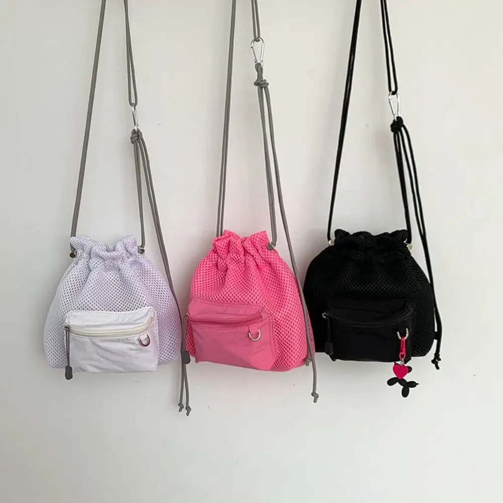 

Korean Style Drawstring Bucket Bag Purse Solid Color Folded Nylon Shoulder Bag Mobile Phone Bag Handbag Small Crossbody Bag