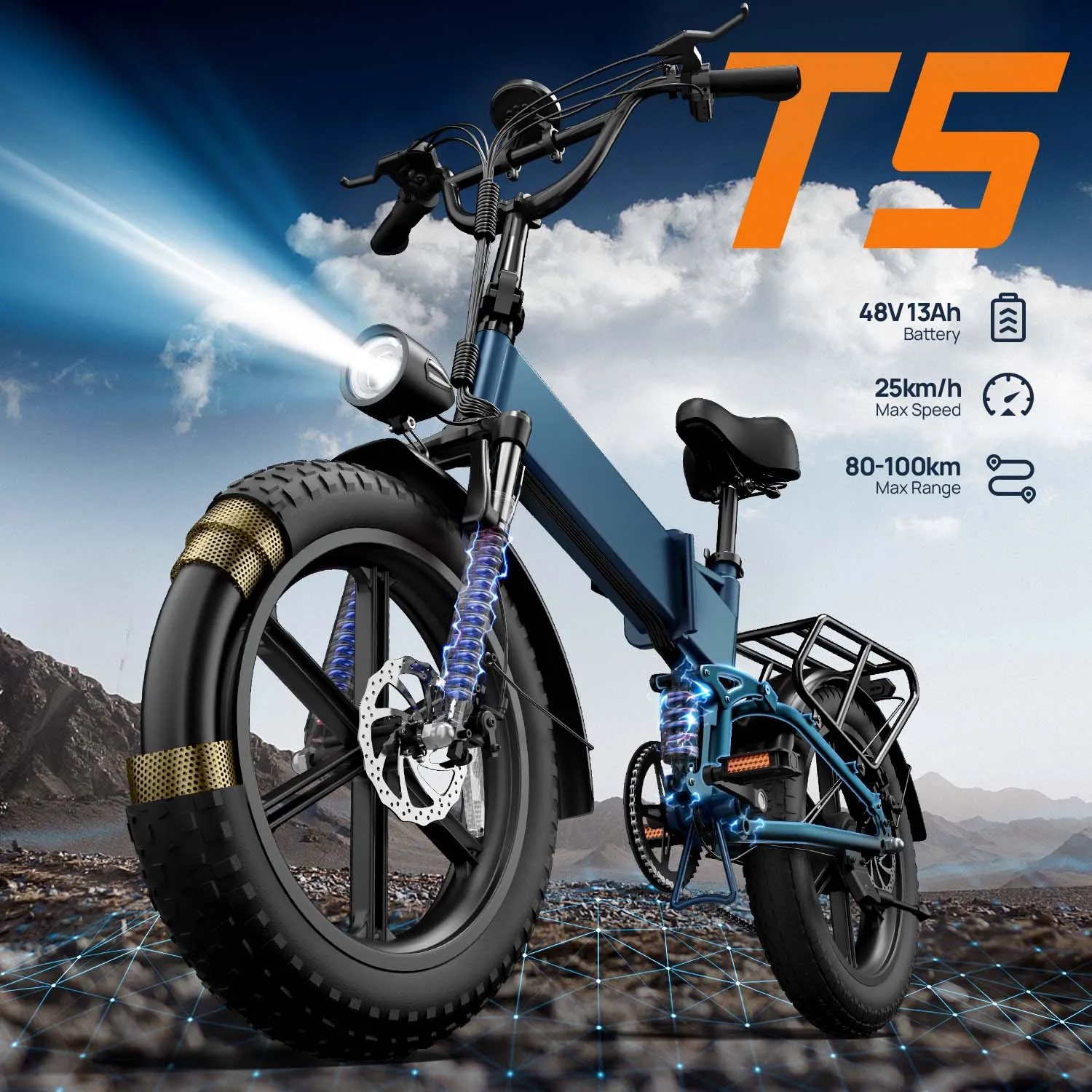 Vélo électrique URLIFE T5 pour adultes, 750W, 48V, 13Ah, pliable, pneus de 20 pouces, 7 vitesses, freins à disque avant et arrière, vélo électrique de ville
