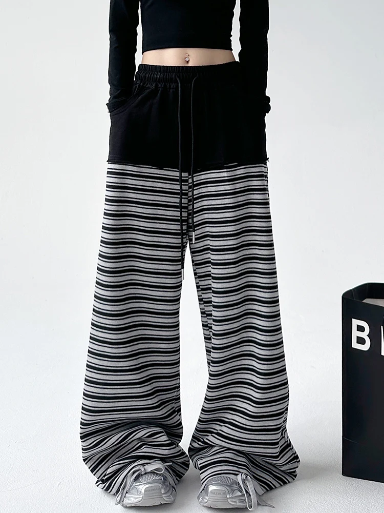 

Off Vintage Casual Pants Women's Spring Dstring Stripe Tall Straight Loose Wide Leg Pants High Waist Polyester Cotton