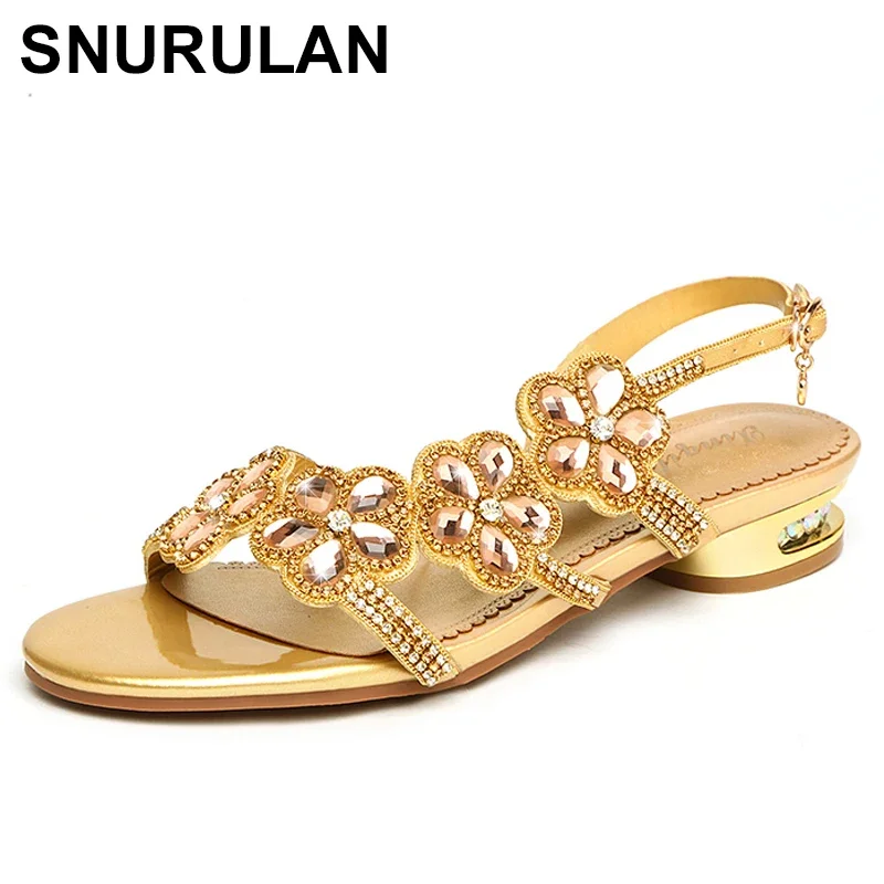 

SNURULANHot New High Quality Plus Size 34-41 Women Flat Summer Shoes Sexy Crystal Designer Short Heel Dress Sandals Women Shoes