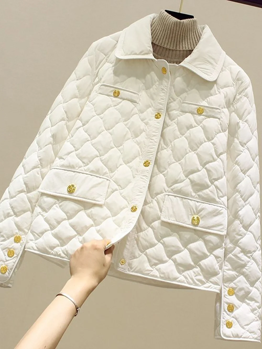 Casual Turn-down Collar Quilted Jackets for Women 2024 Lightweight Single-breasted Cotton Coats Autumn Winter Female Outerwear