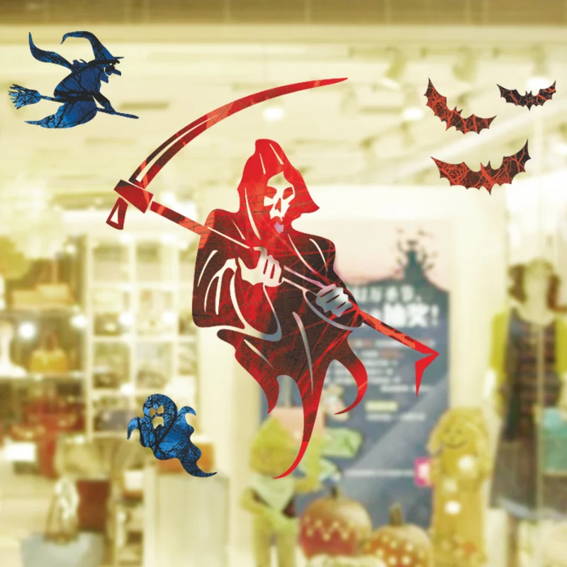 Skeleton Witch Ghost Bat Pattern Halloween Theme Wall Art Stickers For Shop Home Decoration Diy Festival Window Decal Pvc Poster