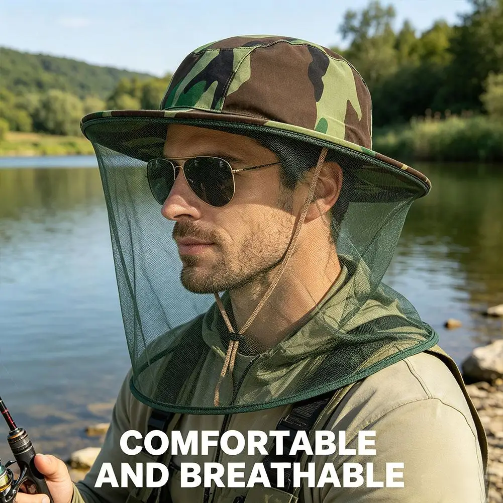 Chapeau de pêche camouflage pour homme avec moustiquaire anti-insectes et protection solaire pour activités de plein air