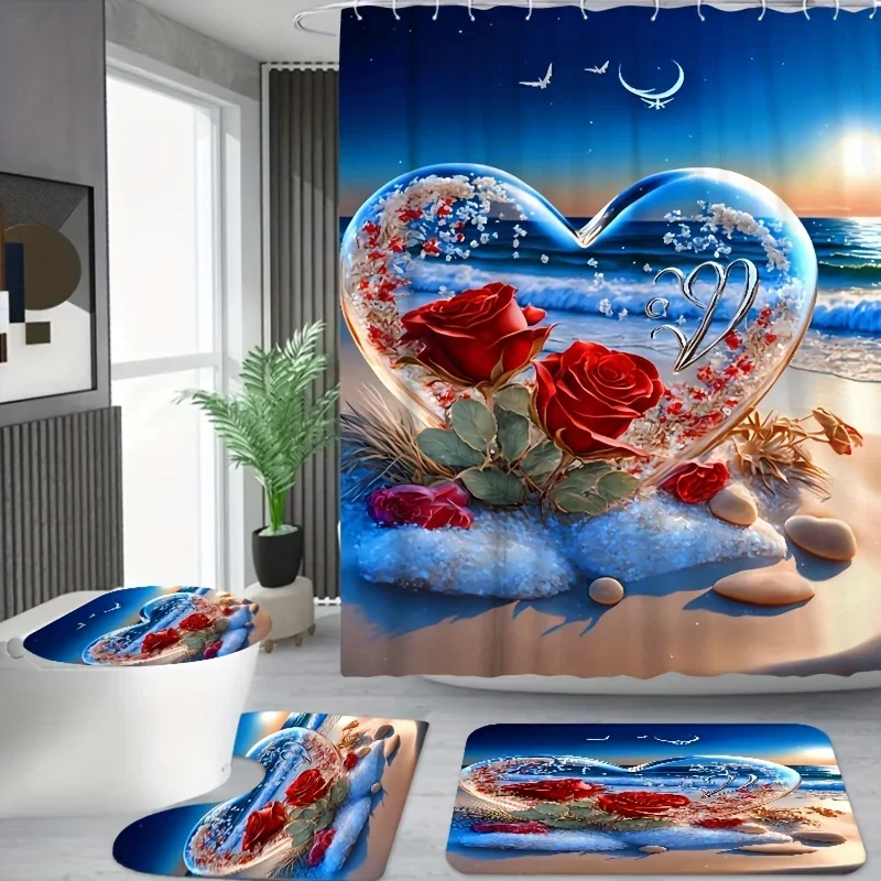 

4 шт., набор занавесок для душа с узором в виде сердца, пляжной розы, занавеска для душа с 12 крючками, нескользящий коврик для ванной, U-образный коврик для унитаза, туалет