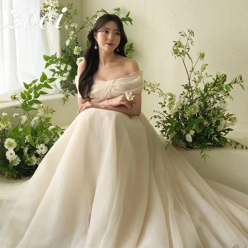 

Zoci Classic Off the Shoulder Korea Wedding Dresses Draped A Line Photos Shoot Dresses Customized Corset Bride Party Gowns