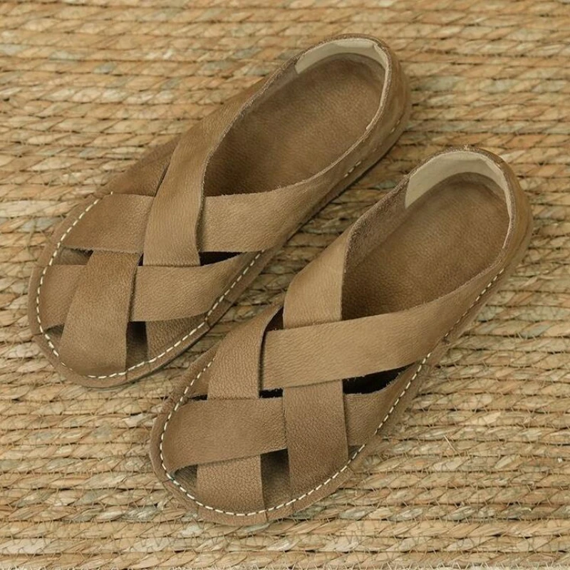 2024 Retro Soft Closed Toe Sandals For Women Luxury Sandals Summer Slip On Summer Beach Sandals Genuine Leather Ladies Sandal