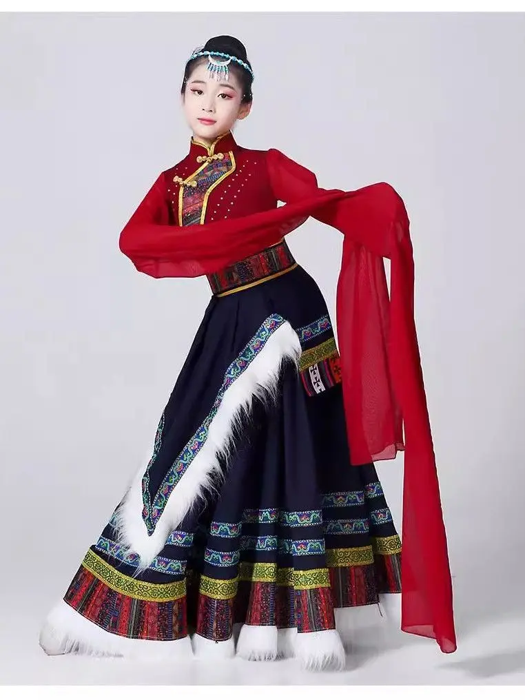 Disfraz de baile tibetano para niña, falda de actuación de columpio grande, ropa de actuación mongol étnica de estilo chino