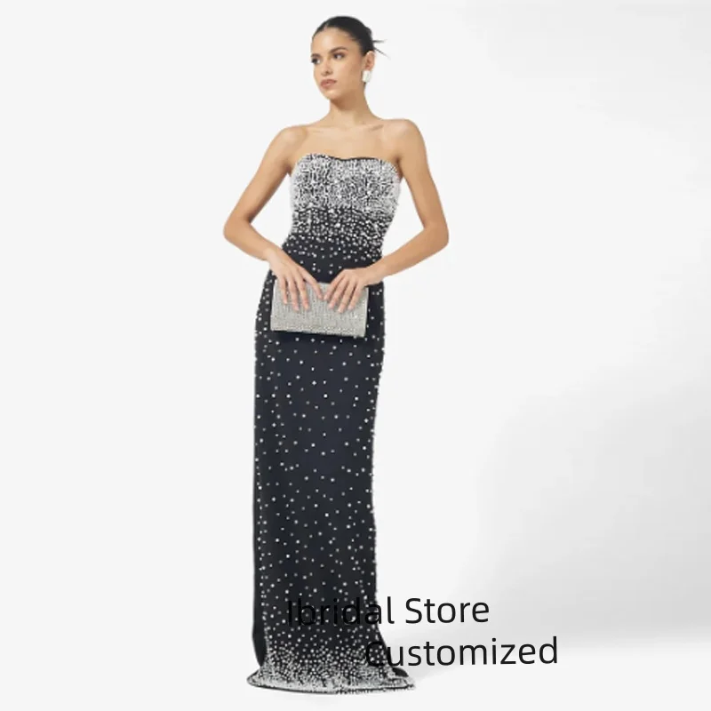 

Customized Modern Style Inlaid Artificial Pearl Slim Fit and Floor Black Prom Dress with Strapless and Slit High Waist Evening D