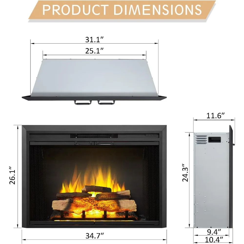 Inserto per caminetto elettrico Damon 35W - Calore regolabile 750/1500W, porta in vetro e schermo a rete
