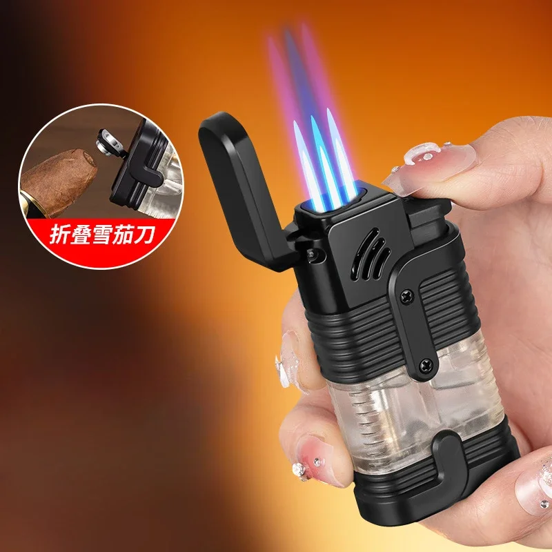 New Three-way Electronic Windproof Blue Flame Inflatable Lighter with See-through Air Chamber Cigar Lighter  Smoking Accessories