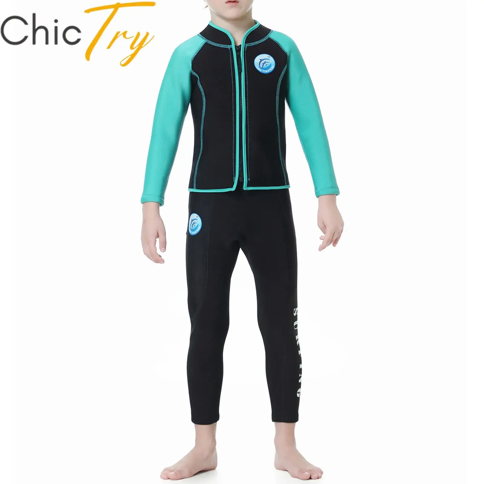 

Kids Boys Girls 2.5mm Neoprene Wetsuit Thermal Protection 2 Pieces Swimsuit Diving Surfing Long Sleeve Jacket With Pants Suit