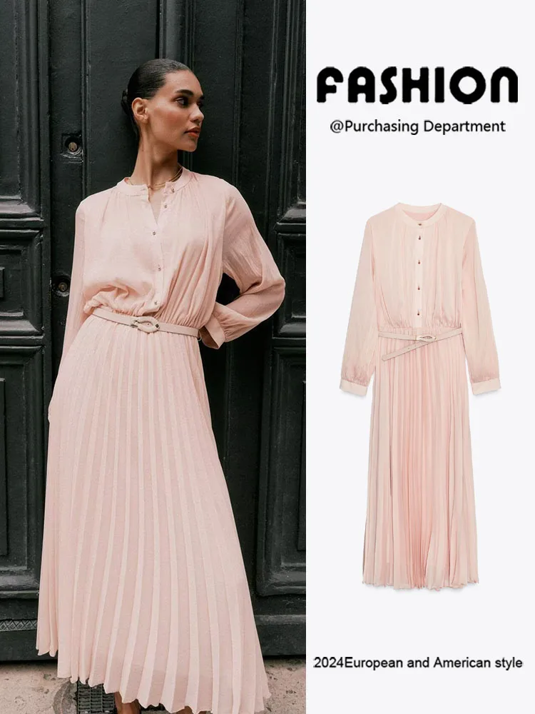 

Ele Long Sve Midi Dr Women's Autumn New Arrival Belted Pleated Slimming Gown TAOFFEN ZA2025 Faionable Stage Costume