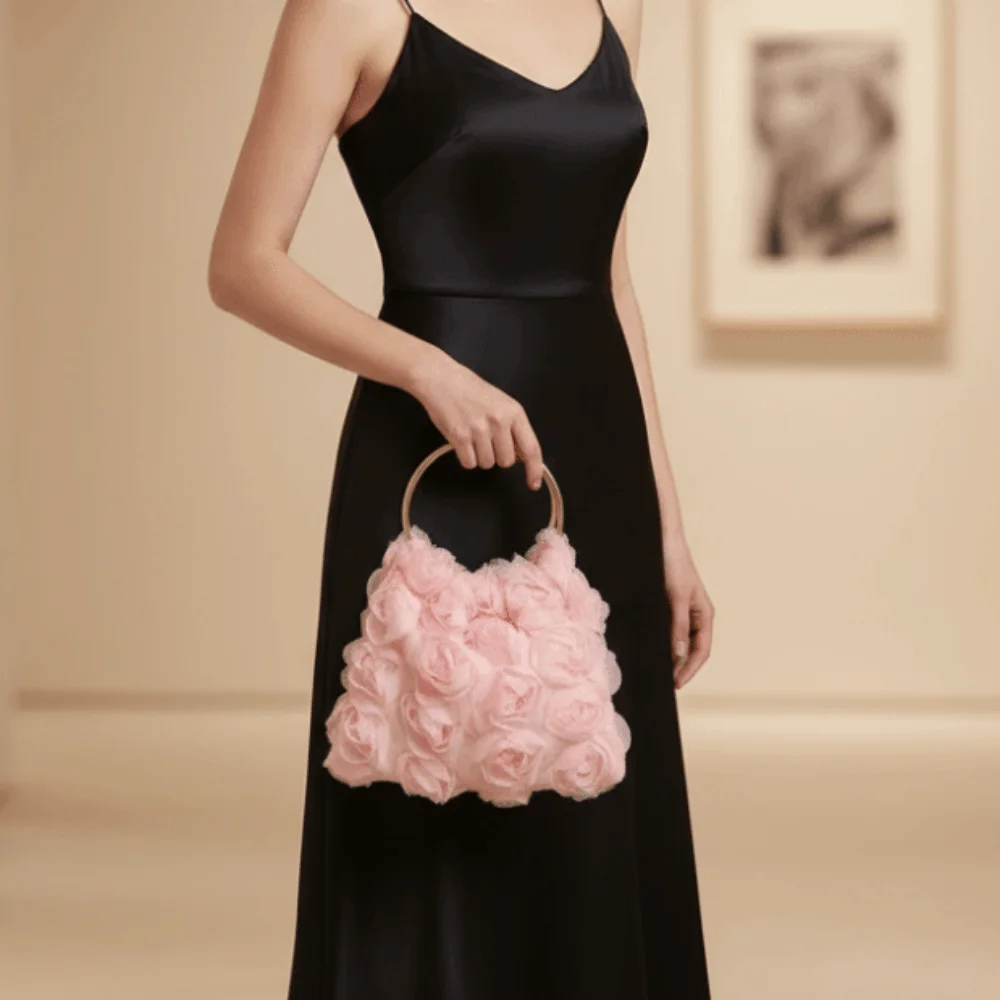 Versatile Mesh Rose Clutch Bag Large Capacity Magnetic Button Lady Hand-held Purse Polyester Multi-function