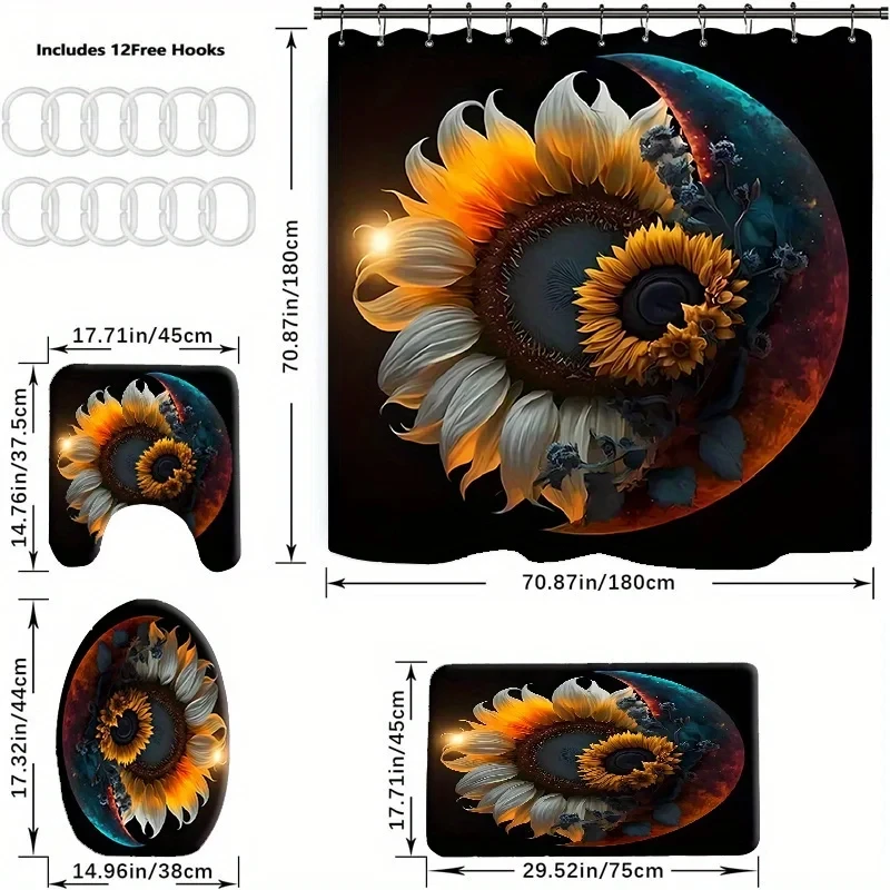 4pcs Space Moon Sunflower Shower Curtain Set with 12 Hooks - Vibrant Polyester Design, Black Background with Golden Sunflowe