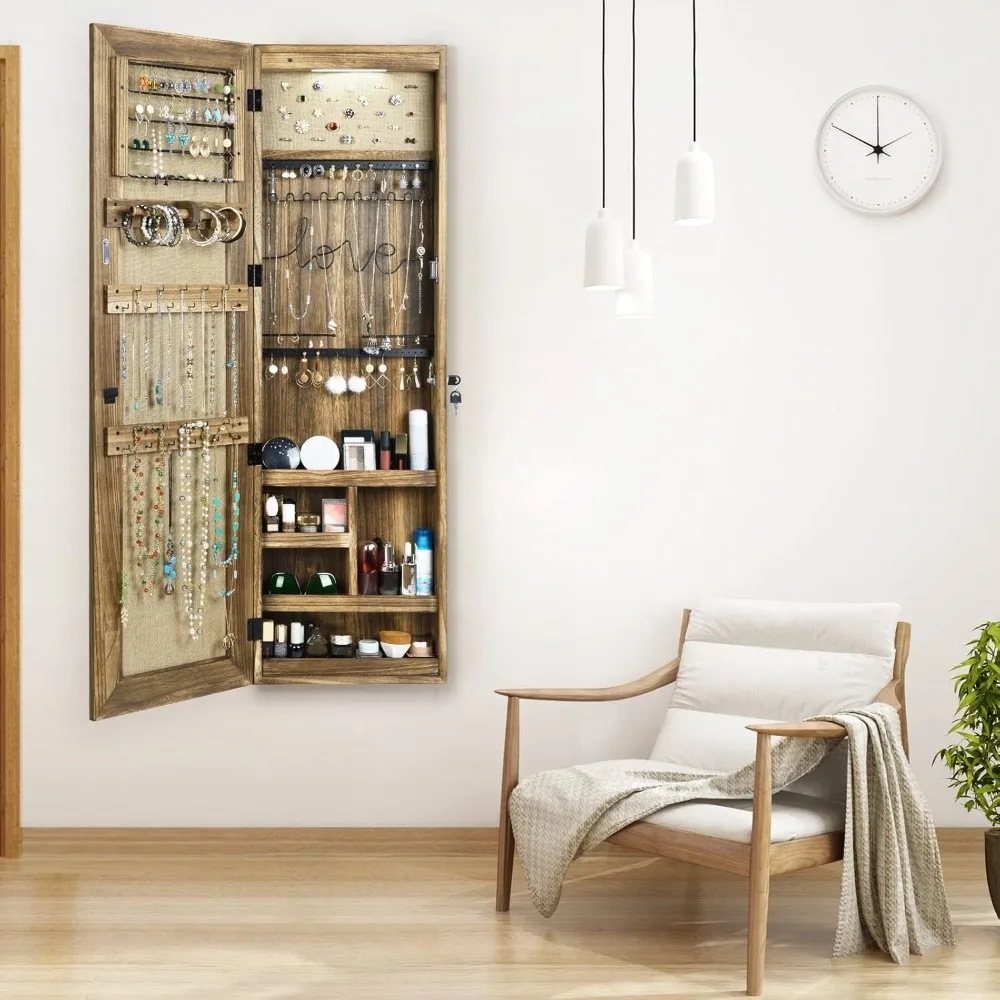 

High quality-Carbonized Black,Jewelry Armoire Cabinet, Solid Wood Jewelry Organizer with Full Length Mirror Wall/Door Mounted